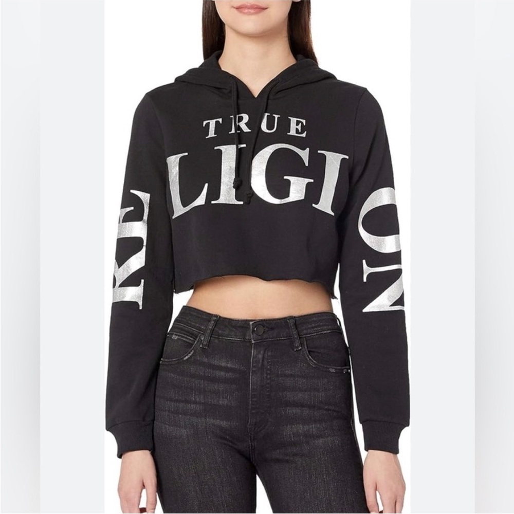 True Religion Cropped Hoodie With Black and Chrome Logos. Women’s Size Large
